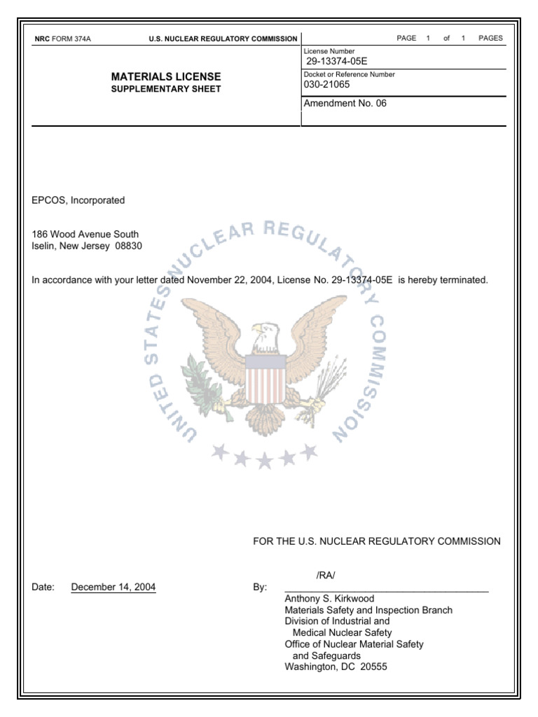 NRC License Termination Notice 29-13374-05E | PDF