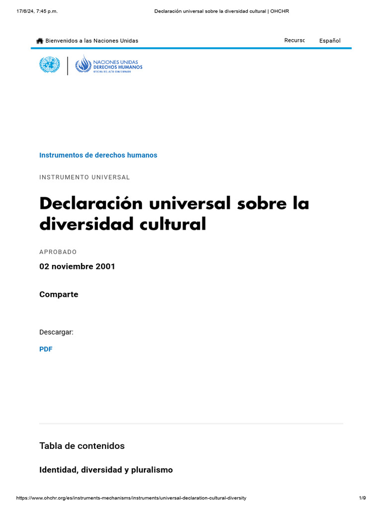 Declaración sobre Diversidad Cultural | PDF | Derechos humanos | Derechos