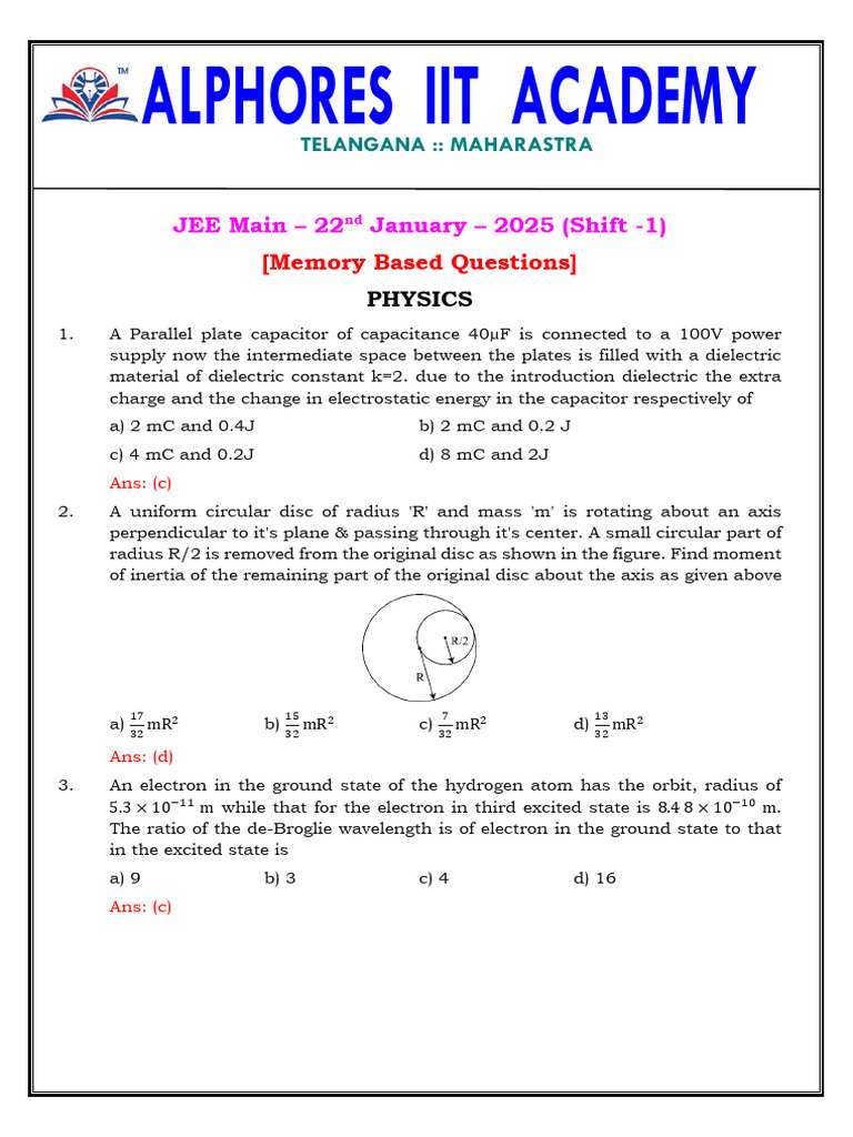 JEE 2025 April Memory-Based Questions | PDF | Physical Phenomena ...