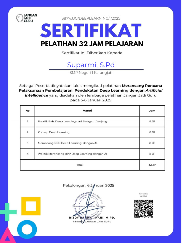 3877 Suparmi S Pd Pelatihan Deep Learning Pdf