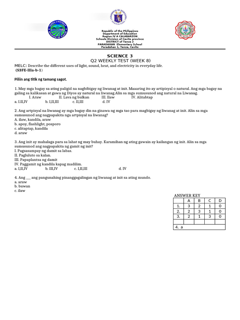 Science Q3 Weekly Test W4 Pdf