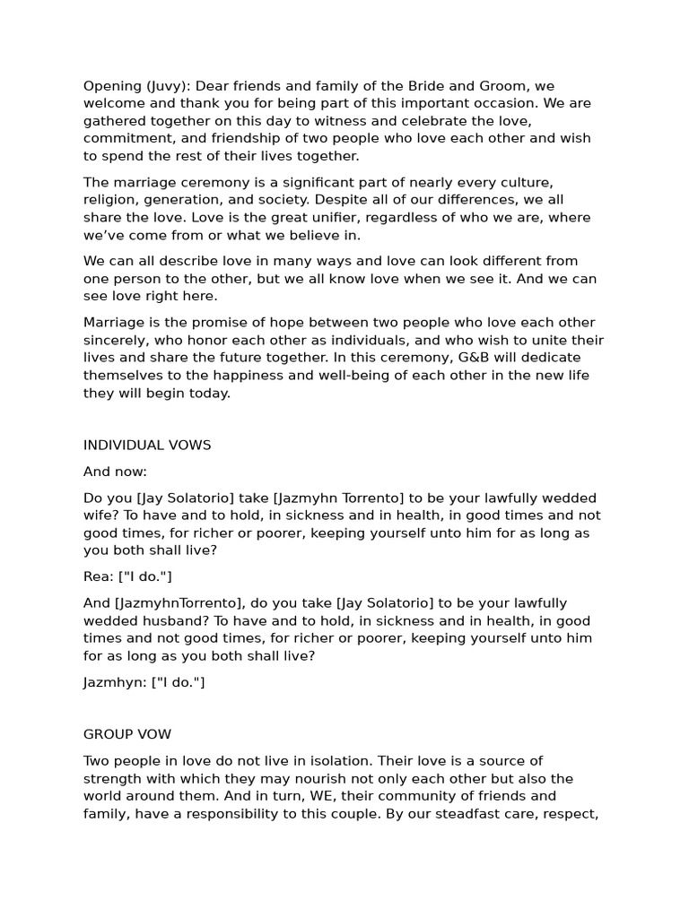 Wedding Ceremony Script for Jay & Jazmyhn | PDF | Fashion Related ...