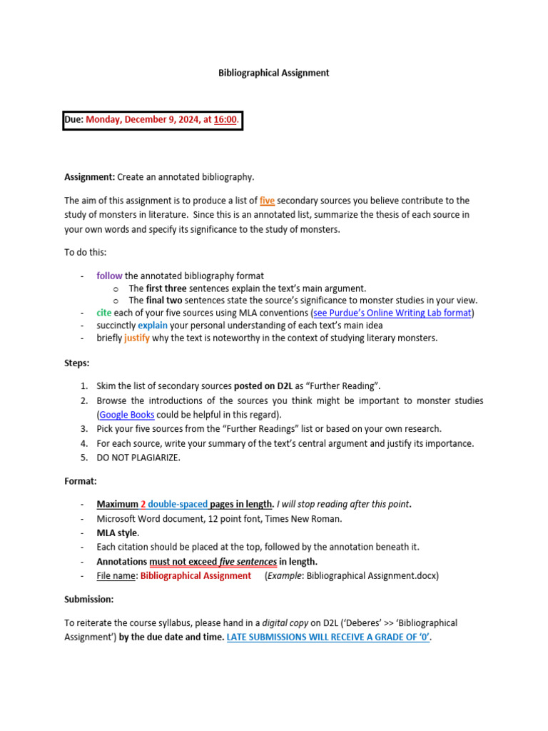Instructions - Bibliographical Assignment | PDF