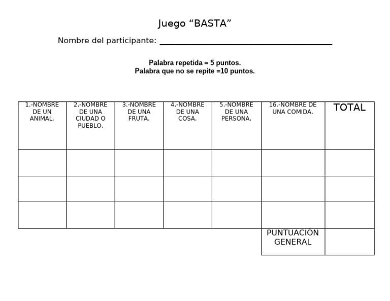 Juego de Basta: Reglas y Puntuación | PDF
