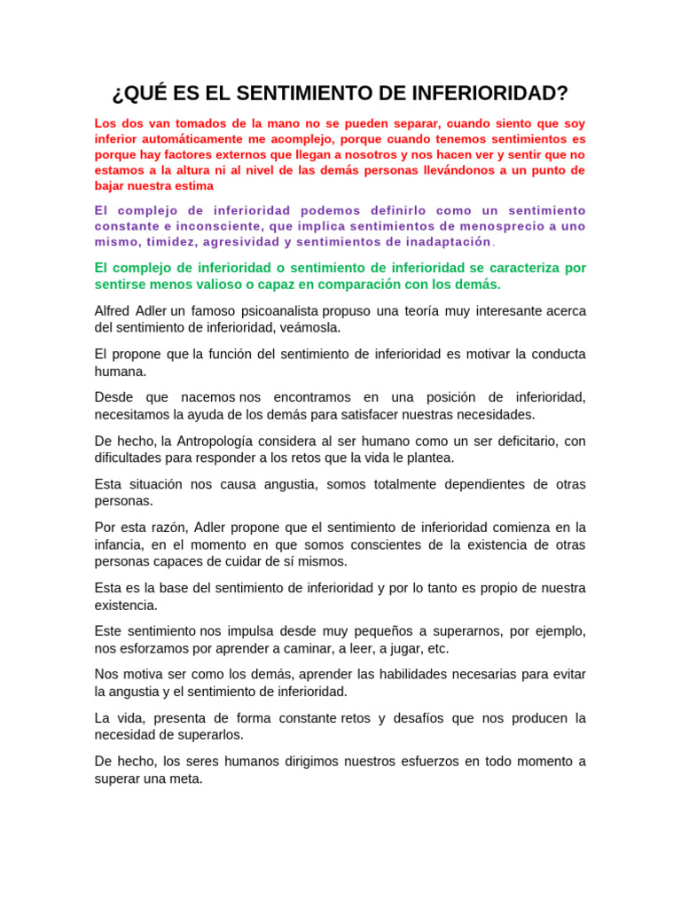 Qué Es El Sentimiento de Inferioridad | PDF | Aprendizaje | Sensación