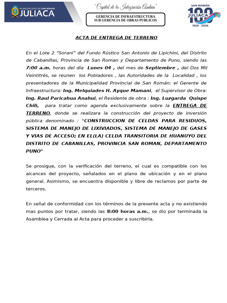Acta de Entrega y Inicio de Obra en Puno | PDF