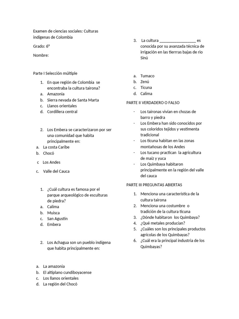 Examen sobre Culturas Indígenas de Colombia | PDF | Colombia | Pueblos ...