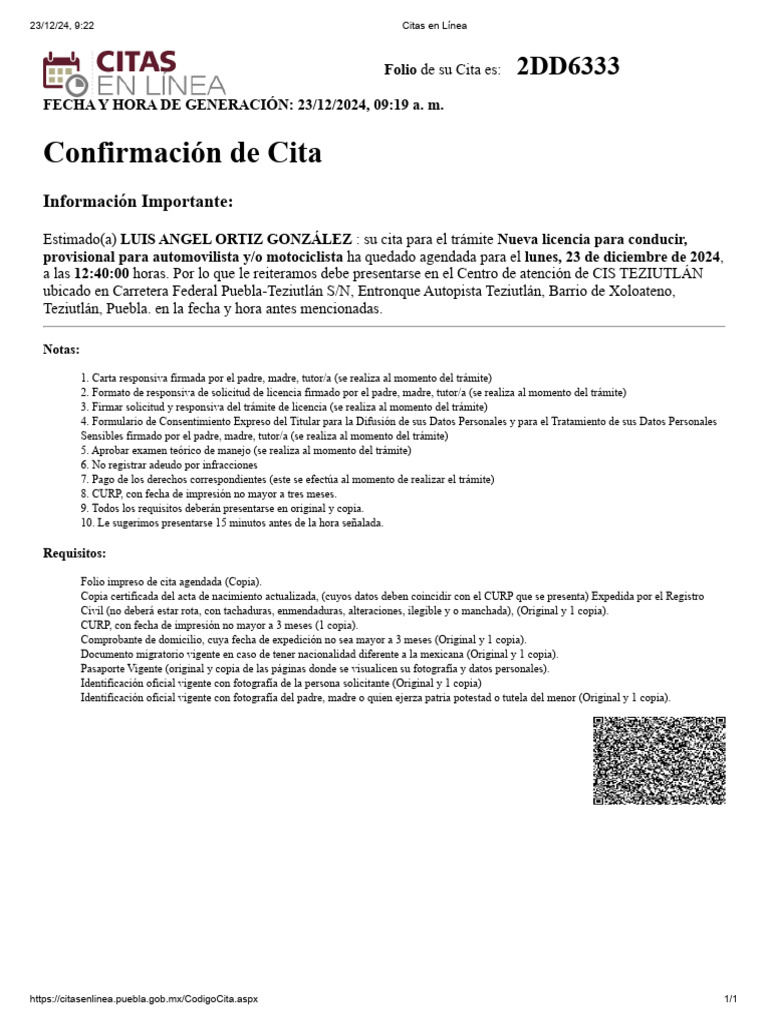 Confirmación de Cita para Licencia 2024 | PDF | Gobierno y personalidad