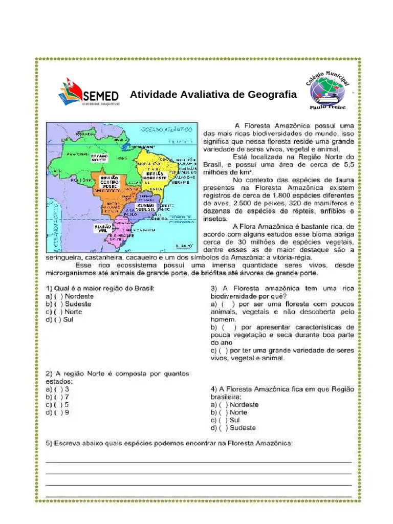 Atividade Adaptada de Geografia 7 Ano | PDF