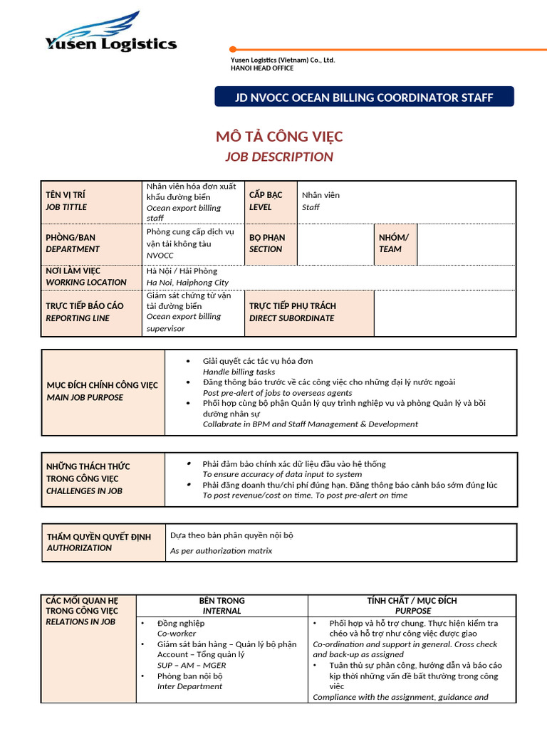 JD Nvocc Ocean Billing Coordinator Staff | PDF