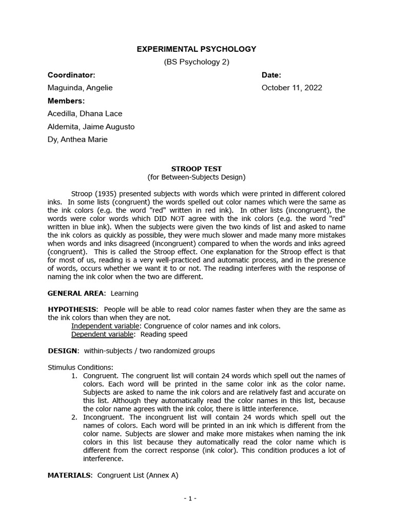 STROOP TEST (Between-Groups) | PDF | Psychological Concepts | Cognitive ...