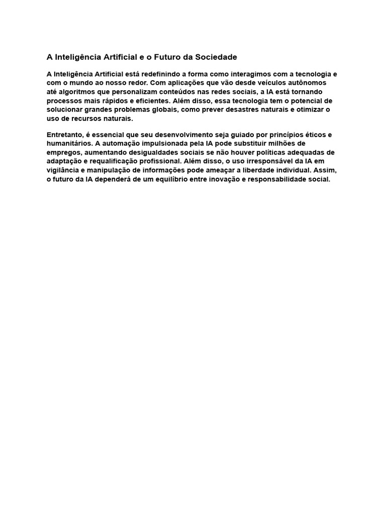Impactos da Inteligência Artificial na Sociedade | PDF