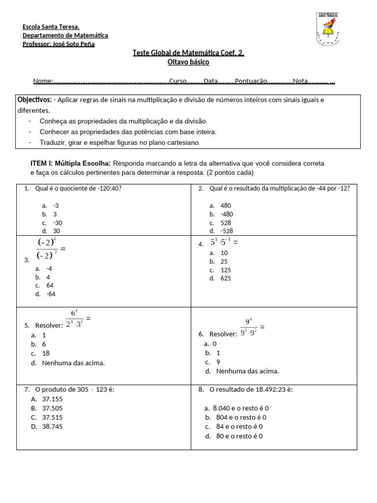 Teste de Matemática 8º Ano - Escola Santa Teresa | PDF | Matemática ...