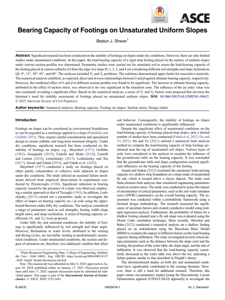 2025 Bearing Capacity of Footings On Unsaturated Uniform Slopes | PDF ...