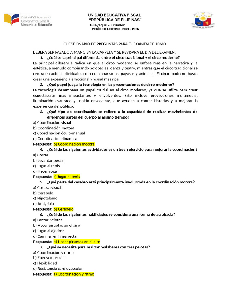 Cuestionario de Preguntas para El Examen de 2do Trimestre de 10mo | PDF ...