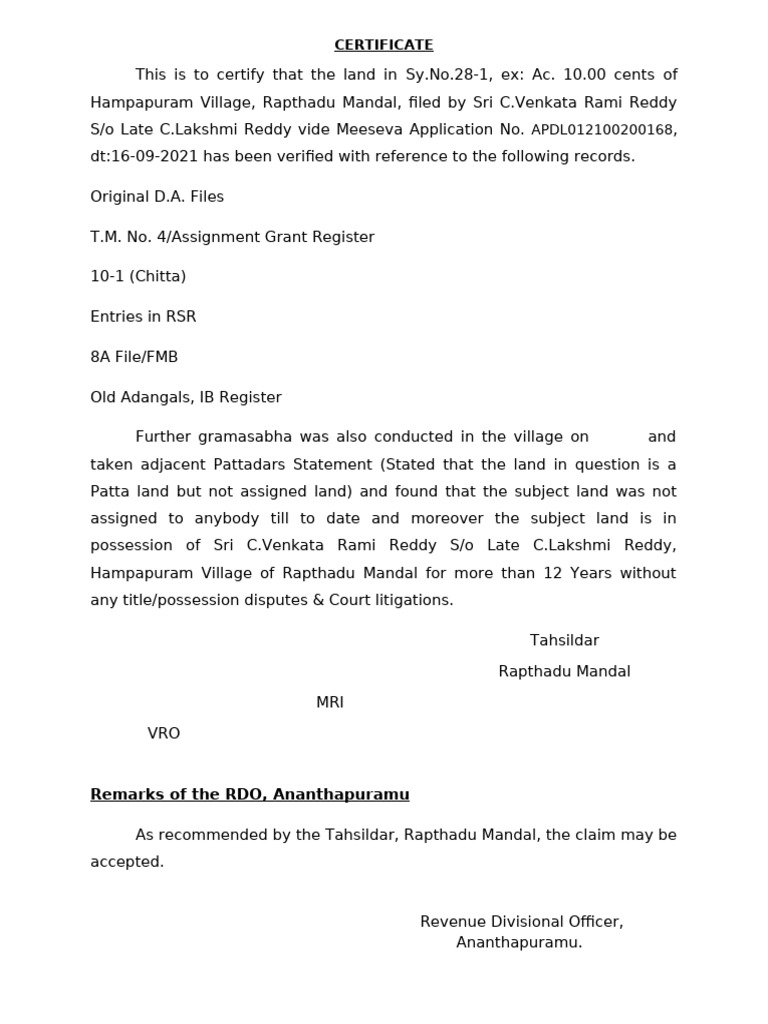 Land Certificate for C. Venkata Rami Reddy | PDF