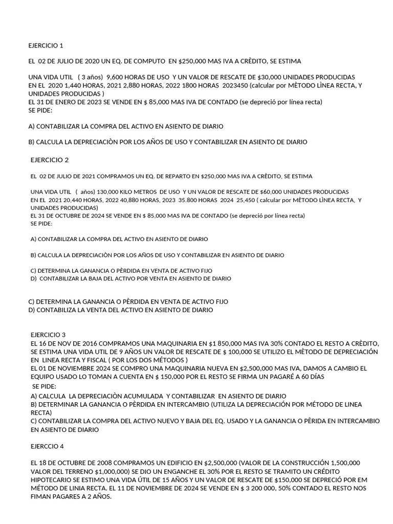Ejercicios de Contabilidad y Depreciación | PDF | Depreciación ...