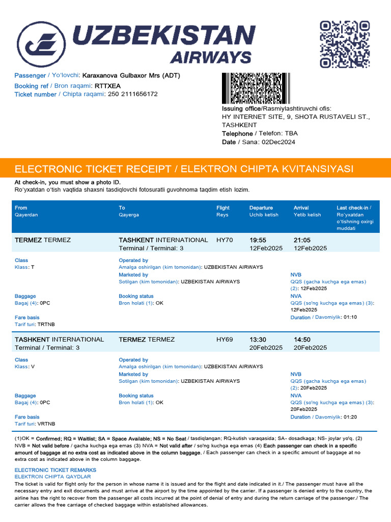 Uzbekistan Airways Electronic Ticket Receipt | PDF