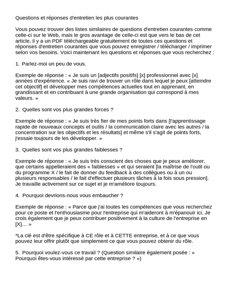 Questions d'entretien et réponses clés | PDF | Intelligence émotionnelle