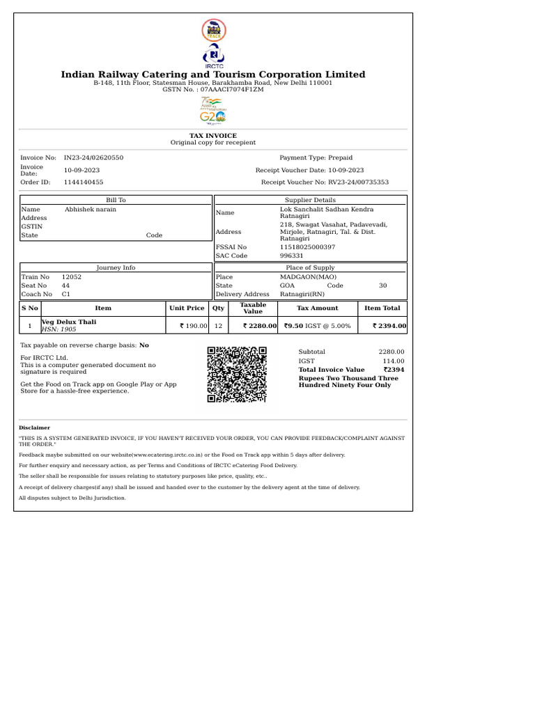 IRCTC Food Bill Invoice Details 2023 | PDF | Receipt | Invoice