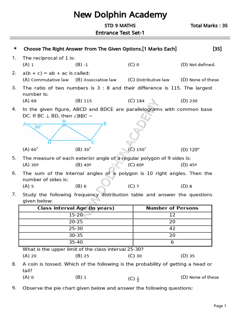 STD 9 Math Entrance Test Questions | PDF | Area | Rectangle