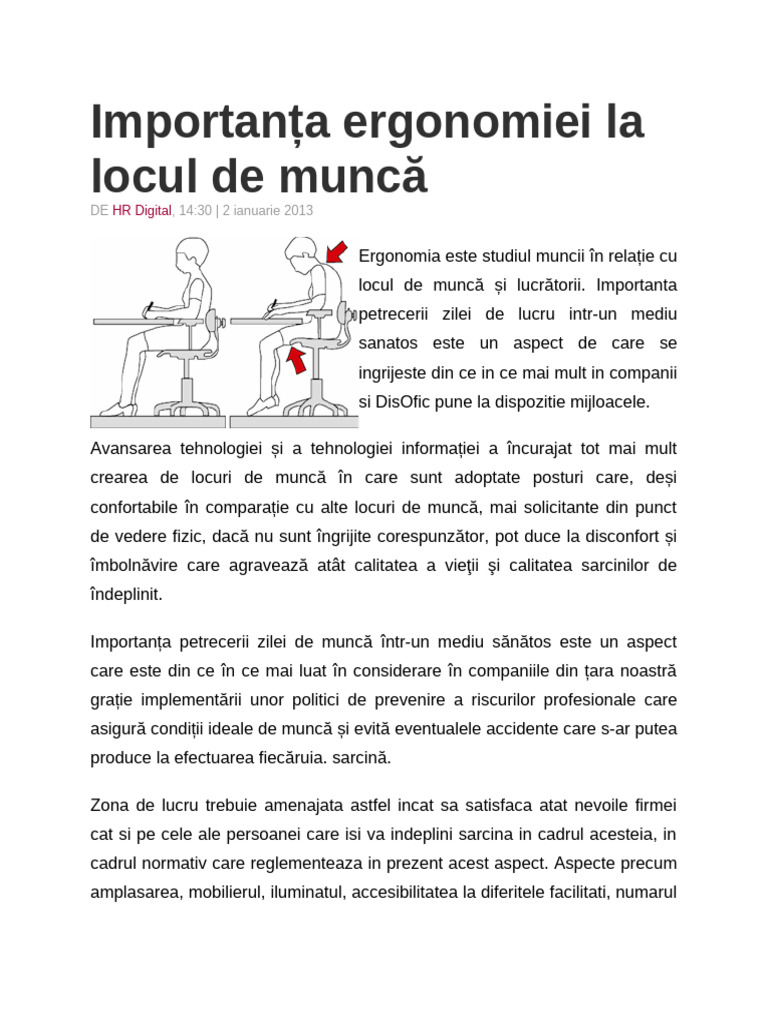 Importanța ergonomiei la locul de muncă | PDF