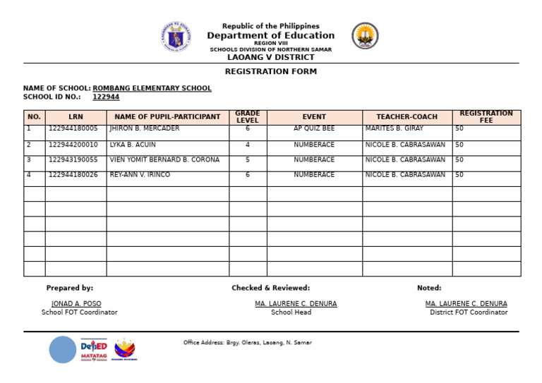 Rombang Elementary School Registration Form | PDF