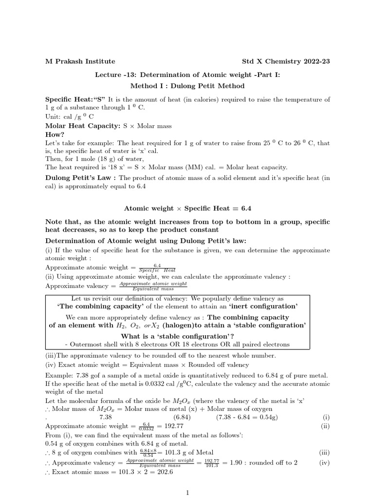 Atomic Weight Determination Methods | PDF | Mole (Unit) | Valence ...