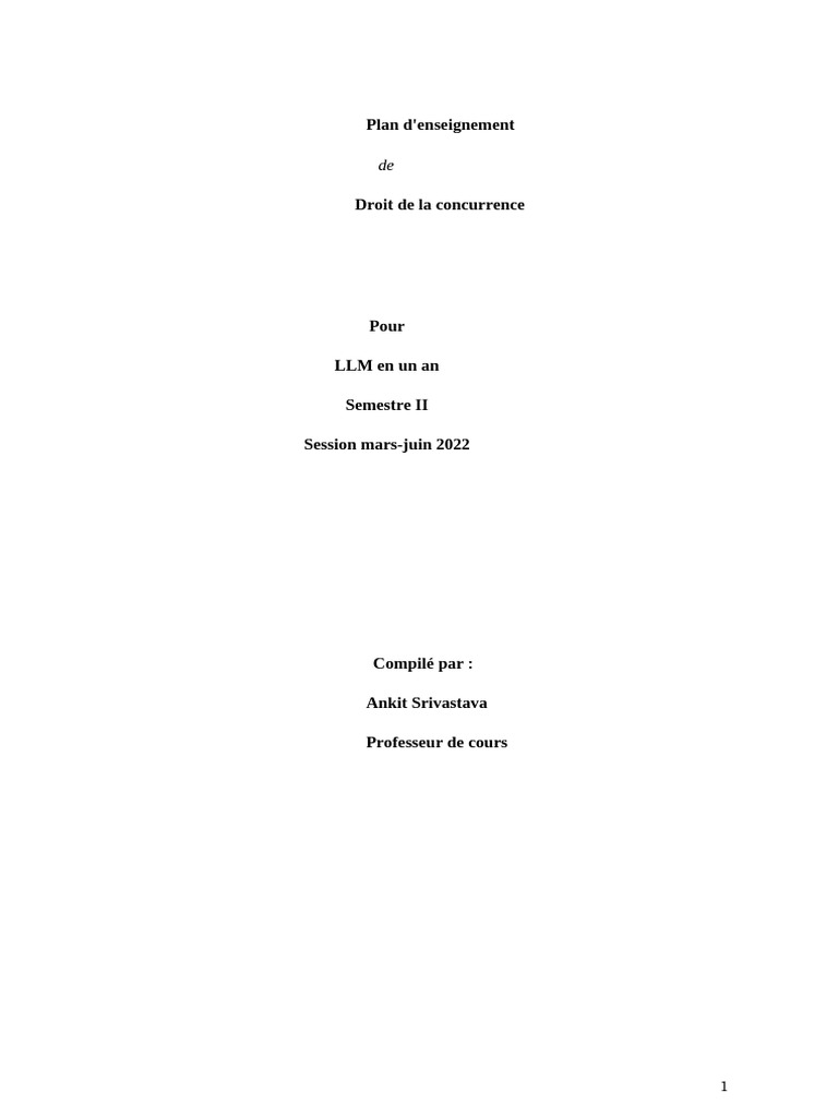 Plan de cours : Droit de la concurrence LLM | PDF | Monopole | Règles ...
