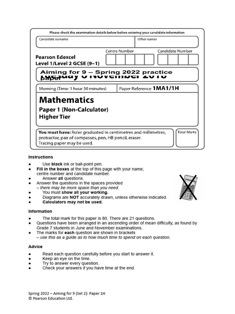 Aiming for 9: Spring 2022 Paper 1H | PDF | Area | Circle