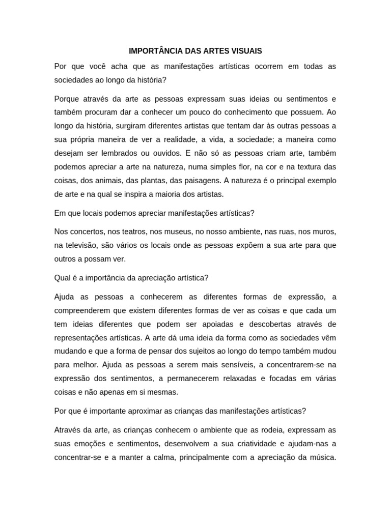 Importância das Artes Visuais na Educação | PDF | As artes | Educação ...
