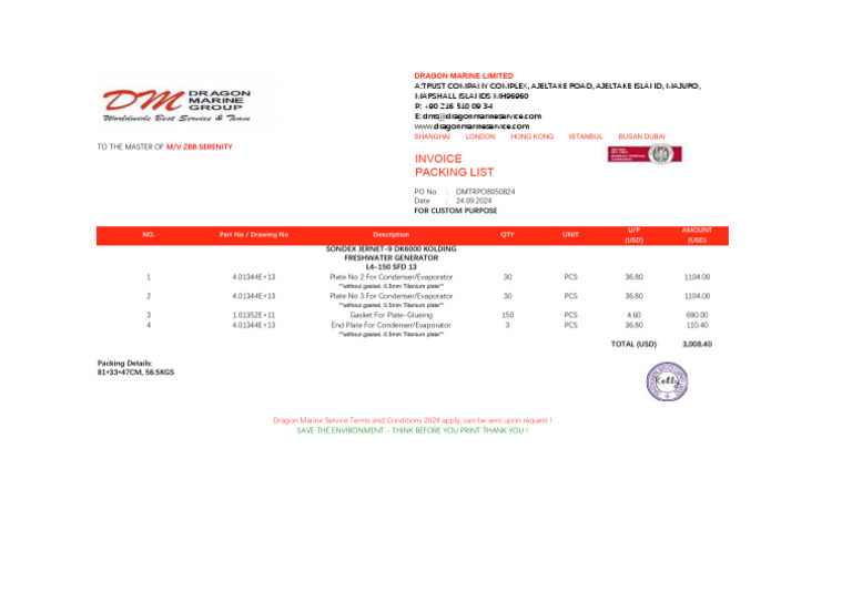 Invoice and Packing List for Marine Parts | PDF | Laboratory Equipment ...