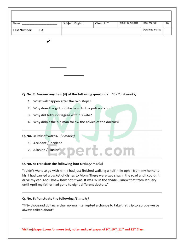 T 1 11th Class English Series Test MJDEXPERT | PDF