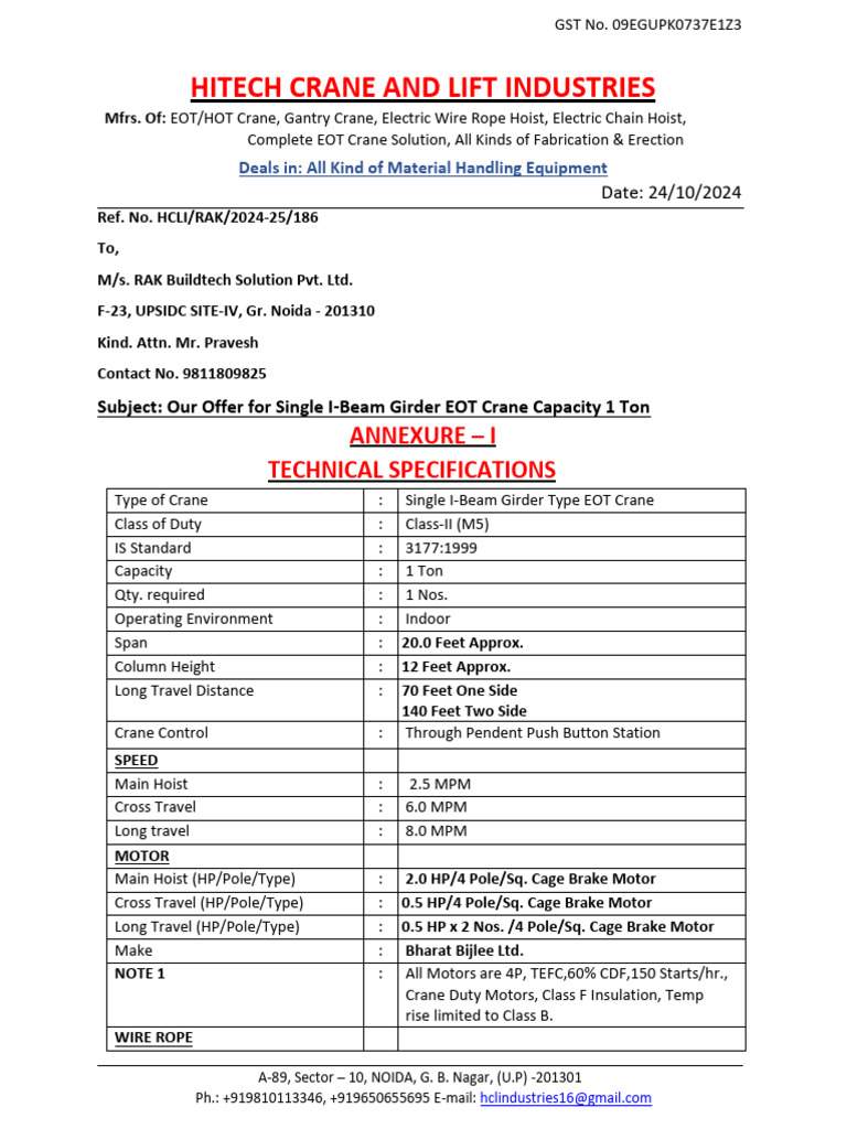 1 Ton EOT Crane Offer Details | PDF | Crane (Machine) | Bearing ...