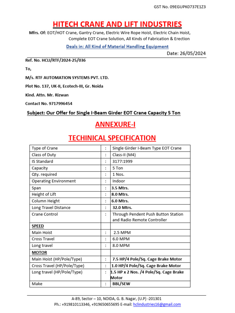 036 RTF Automation SG EOT 5 Ton | PDF | Crane (Machine) | Elevator