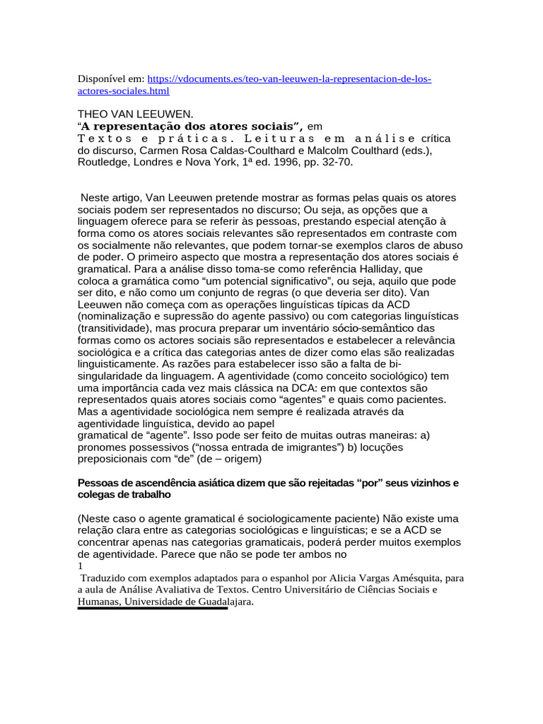Representação de Atores Sociais no Discurso | PDF | Sociologia ...