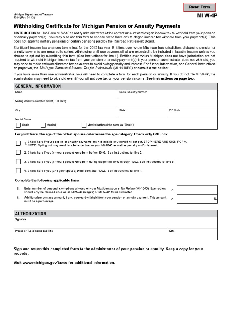 State of MI W4P PDF Withholding Tax Pension