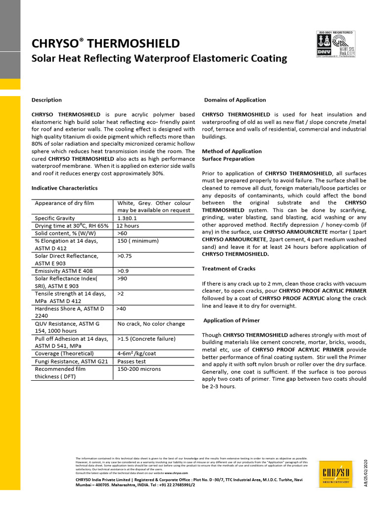 CHRYSO Thermoshield: Eco-Friendly Roof Coating | PDF | Concrete | Coating