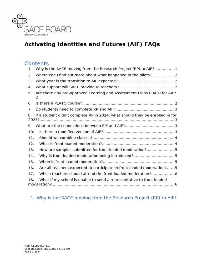 AIF Transition FAQs for SACE 2025 | PDF | Teachers | Intelligence
