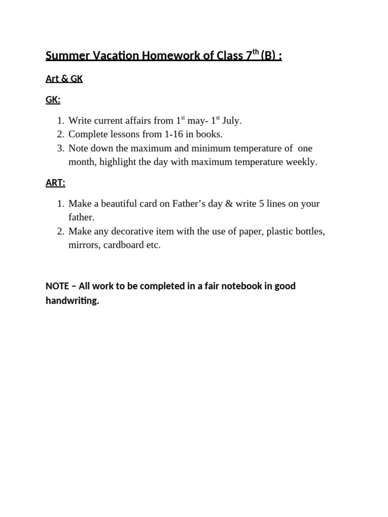 Class 7 Summer Homework Guide | PDF