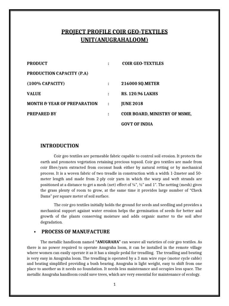 Project Profile Coir Geo-Textiles Unit (Anugrahaloom) | PDF | Loom