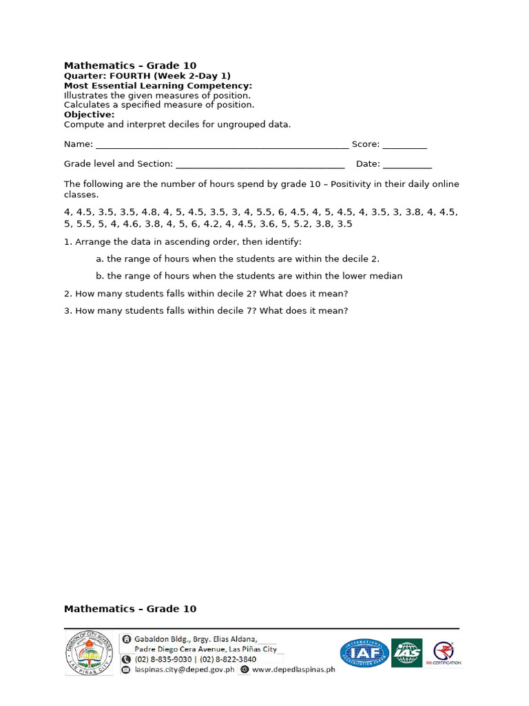 Deciles Calculation for Grade 10 Math | PDF | Mathematics