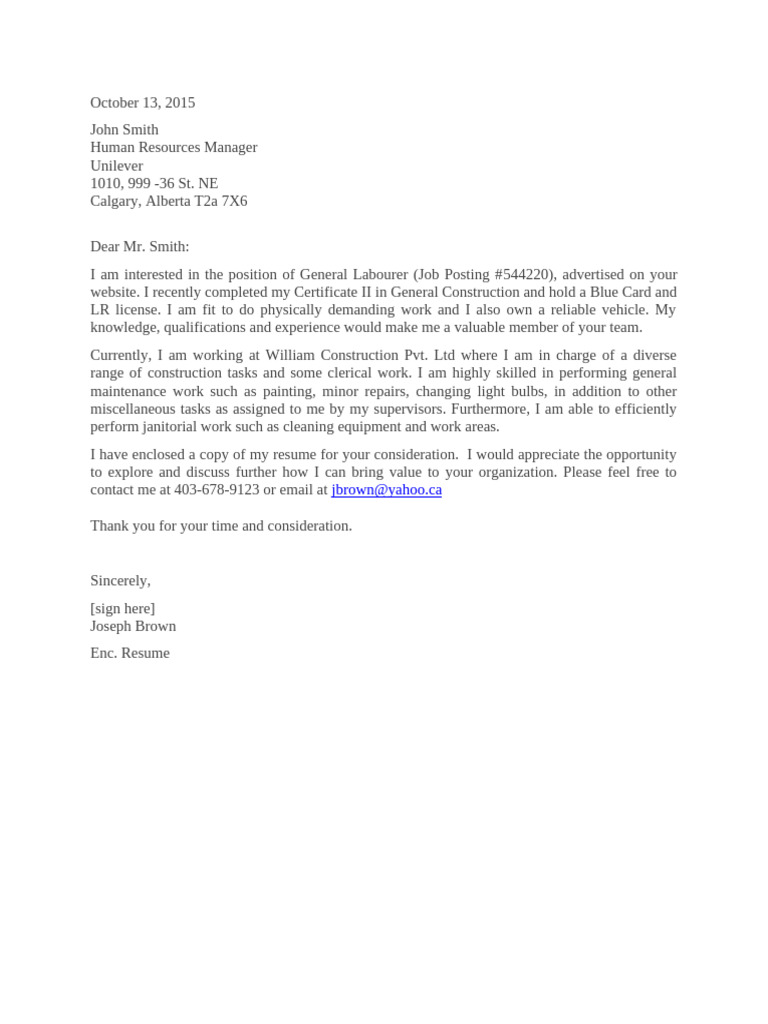 Sample Cover Letter General Labourer | PDF