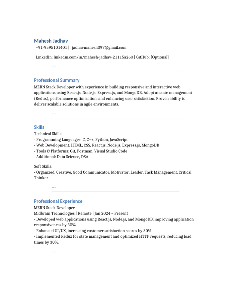 MERN Stack Developer Profile Summary | PDF