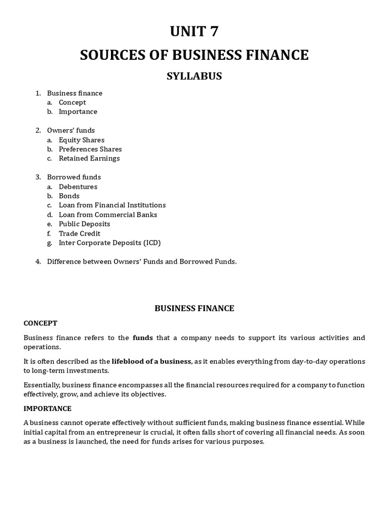 Unit 7 Sources of Business Financenotes | PDF | Bonds (Finance) | Debt