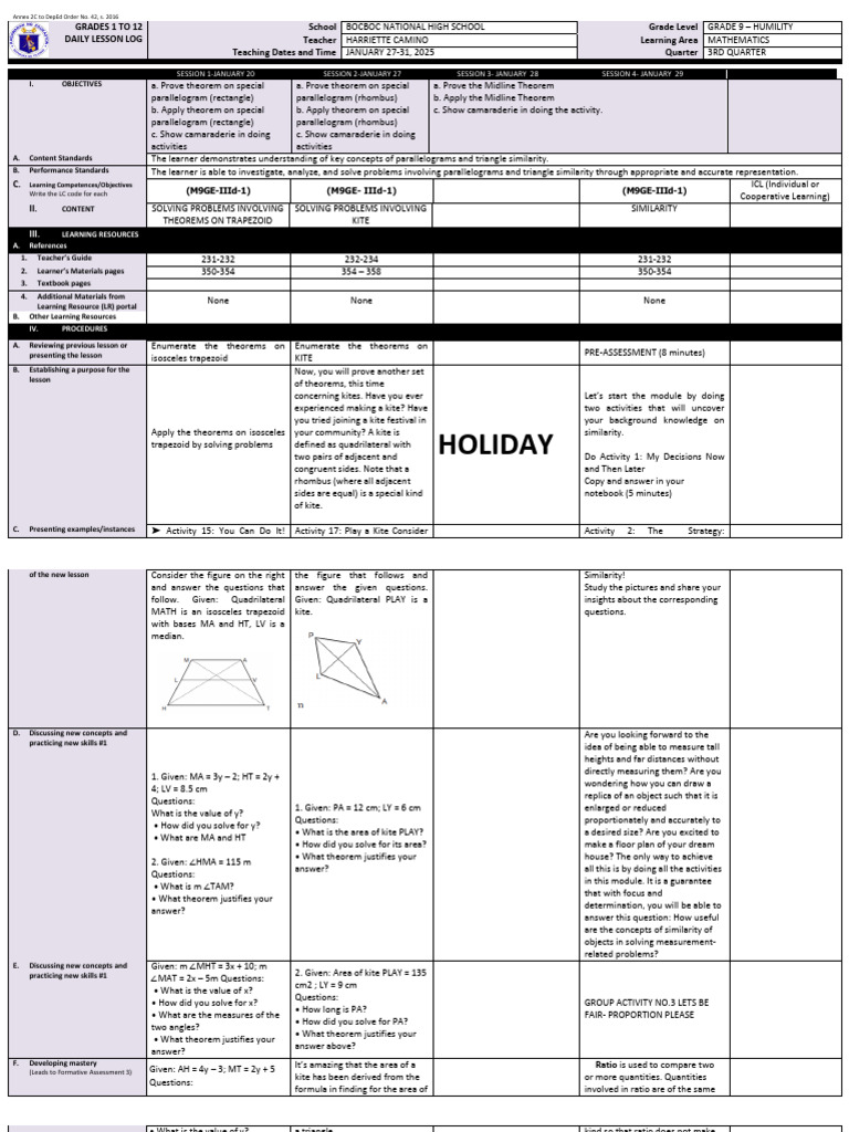 Grade 9 Mathematics Daily Lesson Log | PDF | Teachers | Learning