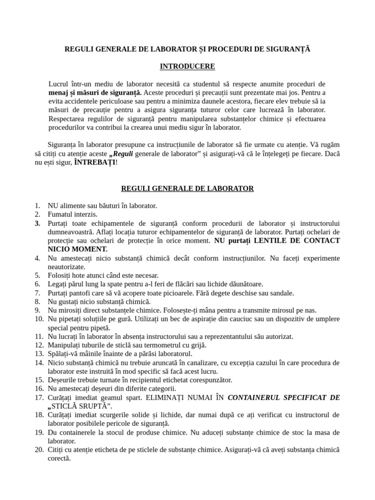 Reguli Generale de Laborator Și Proceduri de Siguranță | PDF