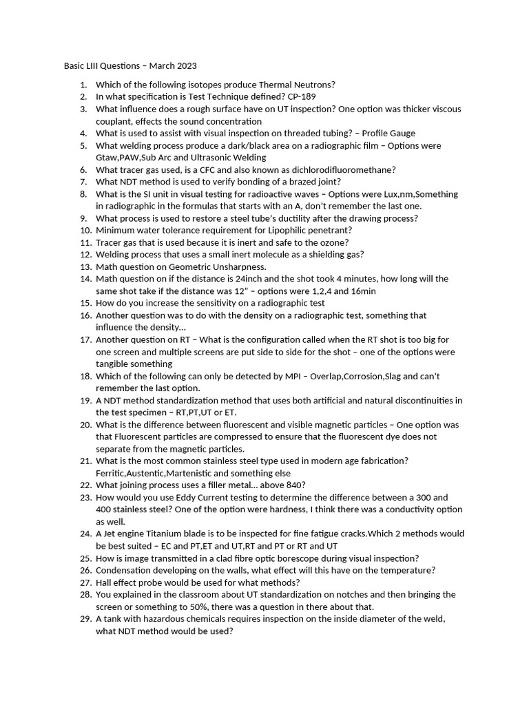 Basic LIII Questions | PDF | Nondestructive Testing | Welding