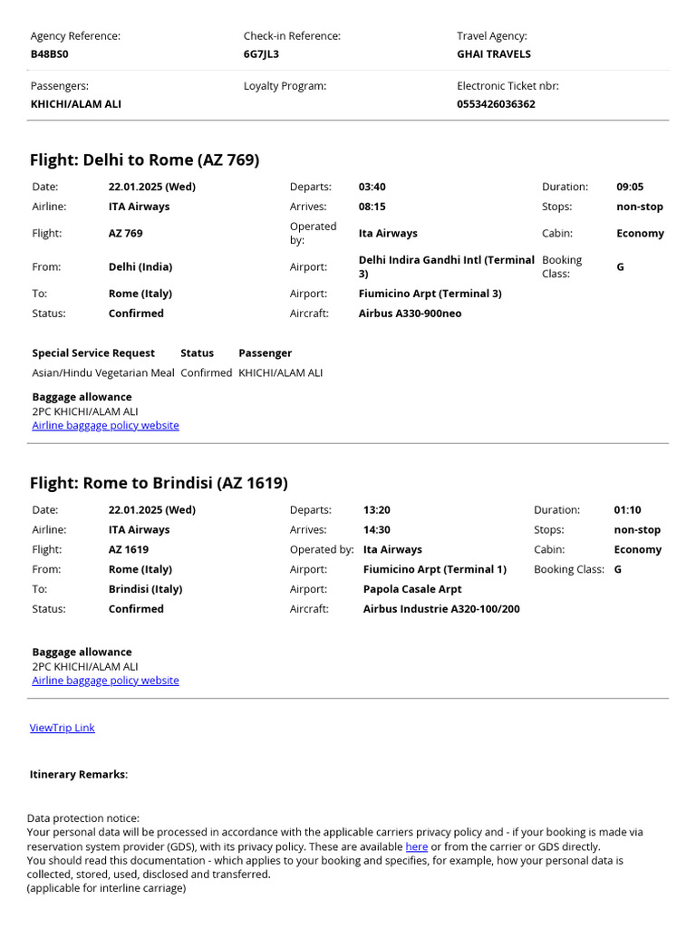 Delhi to Rome Flight Itinerary Details | PDF | Airlines | Airport