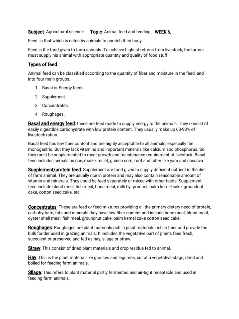 Types of Animal Feeds for JSS2 | PDF
